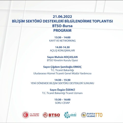 BTSO-Bilişim Sektörü Destekleri Bilgilendirme Toplantısı 21 Haziran'da Gerçekleştirilecek.